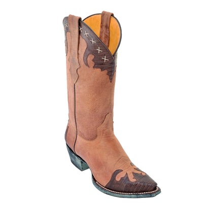 WOMEN'S LOS ALTOS SNIP TOE TEJU & DESERT LEATHER BOOTS HANDMADE| COLOR BROWN & ORYX (34P0707) image 0