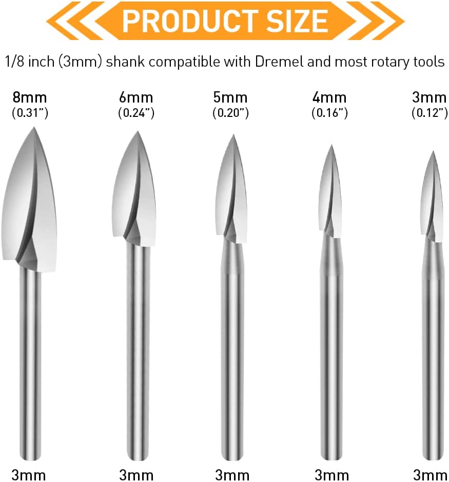 Wood Carving Tools, 5 PCS HSS Engraving Drill Bit Set Wood Crafts Grinding Woodworking Tool 1/8” Shank Universal Fitment for Rotary Tools image 5