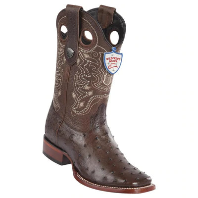 WILD WEST BOOTS #28240307 MEN'S | COLOR BROWN | MEN'S WILD WEST FULL QUILL OSTRICH BOOTS WIDE SQUARE TOE HANDMADE image 0