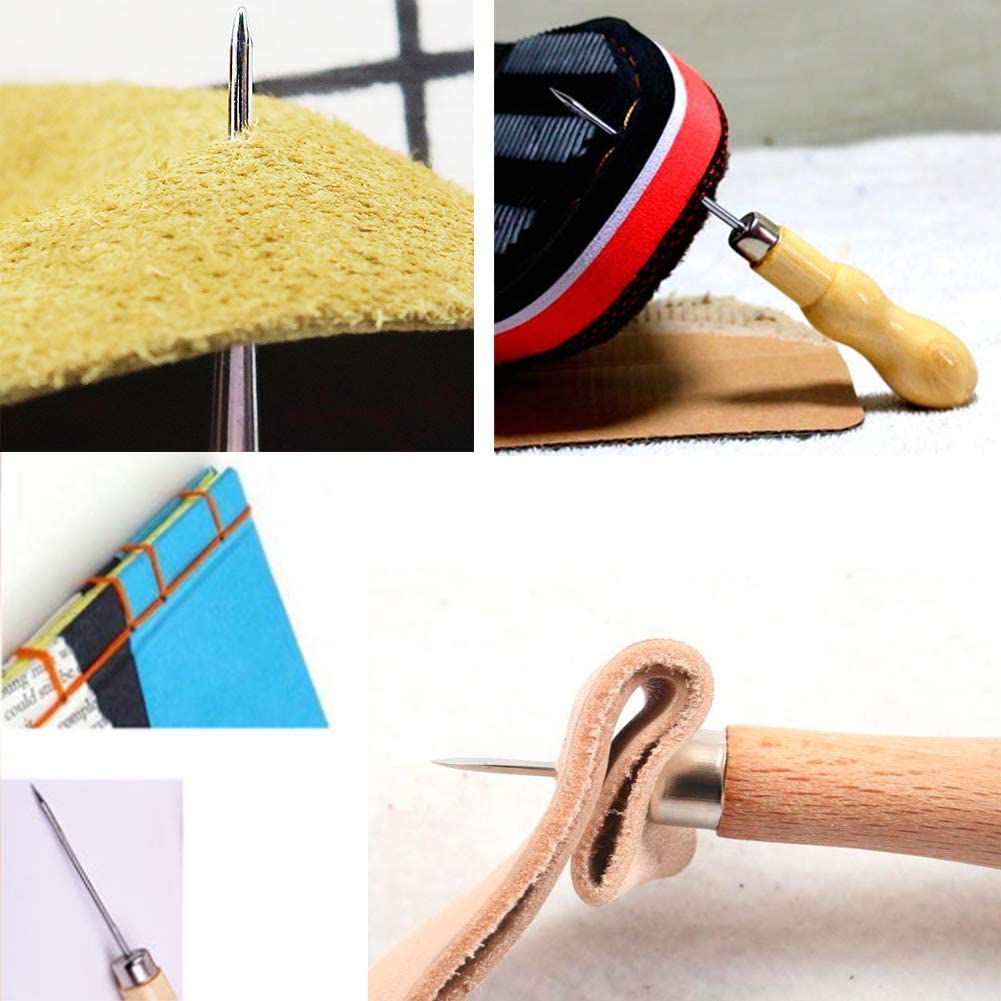 UOOU 46Pcs Leather Craft Tools Kit Leather Working Tools Basic Leather Sewing Repair kit Waxed Thread Prong Punch Snaps and Rivets Kit Hand Sewing Needles Awl for Leather Shoes Bag Belt Repairing image 5