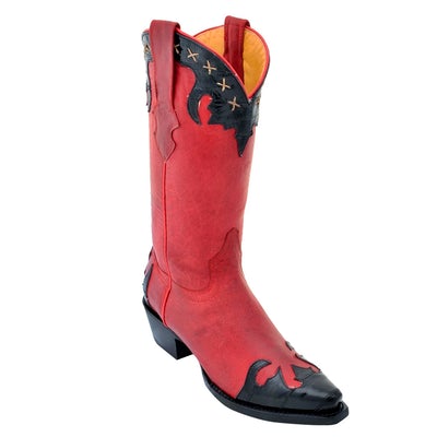 WOMEN'S LOS ALTOS SNIP TOE EEL & DESERT LEATHER BOOTS HANDMADE | COLOR BLACK & RED (34P0805) image 0