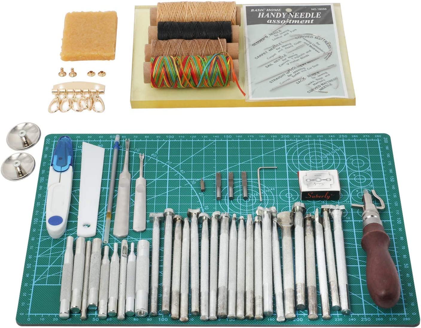Leathercraft Working Tools Kit, Leather Craft Stamping Tools with Cutting Mat, Stitching Groover, Prong Punch, Snaps, Rivets Kit and Professional Stitching Sewing Tools for DIY Leathercraft image 7