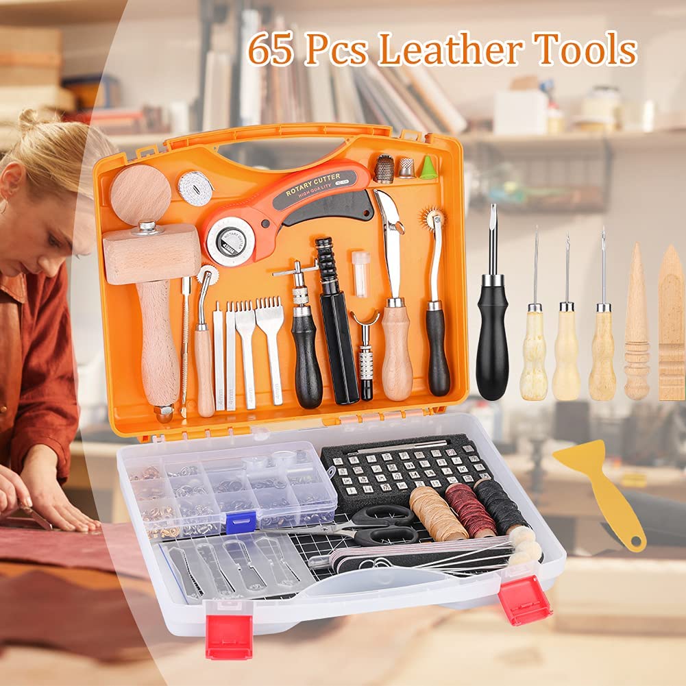185 Pcs Leather Working Tools, Leather Working Tools and Supplies, Kit with Rotary Cutter and Mat, Hammer Stamping Tools, Awl, Tape Measure, Hand Stitching Tool Set for Sewing Leather Craft image 6