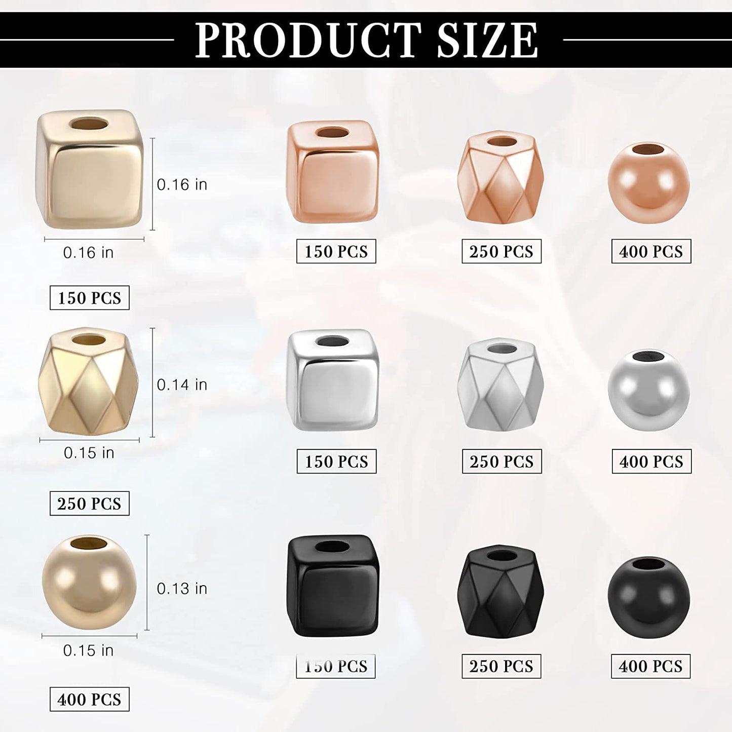 3200Pcs Assorted Spacer Beads Bulk Loose Gold Beads Faceted Rondelle Cube Round Column Rhombus Bead for DIY Jewelry Bracelets Earring Necklace Making , 6 Styles (Gold, Silver, Rose Gold) image 5