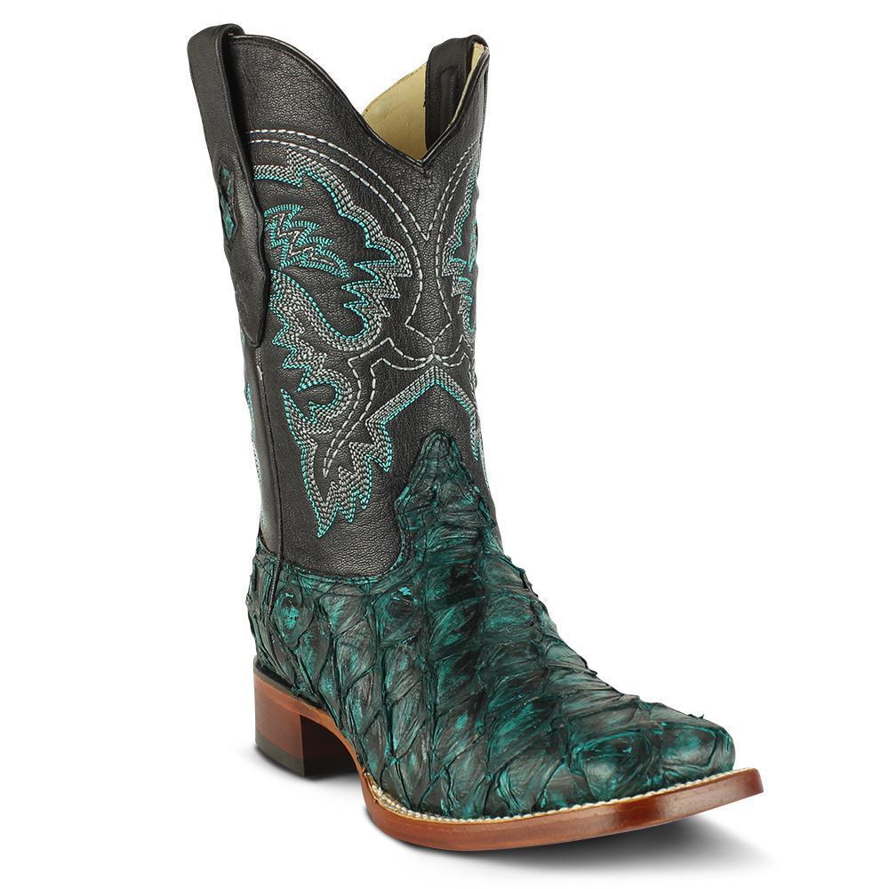 Los Altos Boots Mens #8221008 Wide Square Toe | Genuine Pirarucu Fish Boots | Color Rustic Turquoise image 0