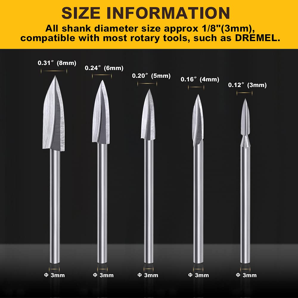 Wood Carving Tools, 5 PCS Engraving Drill Accessories Bit Wood Crafts Grinding Woodworking Tool with 1/8” Shank Universal Fitment for Rotary Tools image 5
