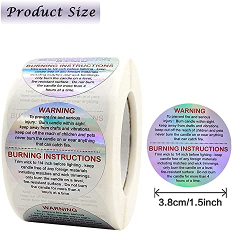 PMCDS2G Candle Warning Labels 1.5" Candle Jar Container Stickers 500 Pieces Per Roll Waterproof Candle Safety Labels Sticker Decal for Candle Jars,Tins and Votives (Holographic) image 5