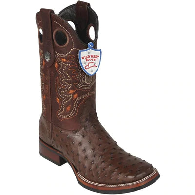 WILD WEST BOOTS #28250307 MEN'S | COLOR BROWN | MEN'S WILD WEST FULL QUILL OSTRICH BOOTS WITH RUBBER SOLE WIDE SQUARE TOE HANDCRAFTED image 0