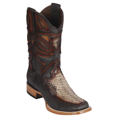LOS ALTOS BOOTS MENS #82F5785 WIDE SQUARE TOE | GENUINE PYTHON & DEER SKIN BOOTS | COLOR RUSTIC BROWN image 0