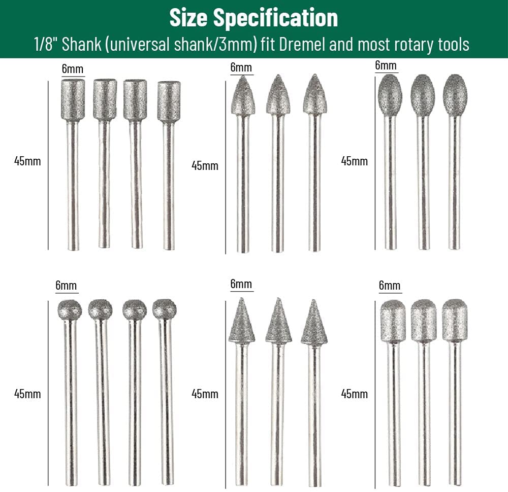 Stone Carving Set Diamond Burr Bits, 20PCS Polishing Kits Rotary Tools Accessories with 1/8’ Shank For Carving, Engraving, Grinding, Polishing Stone, Rocks, Jewelry, Glass, Ceramics image 5