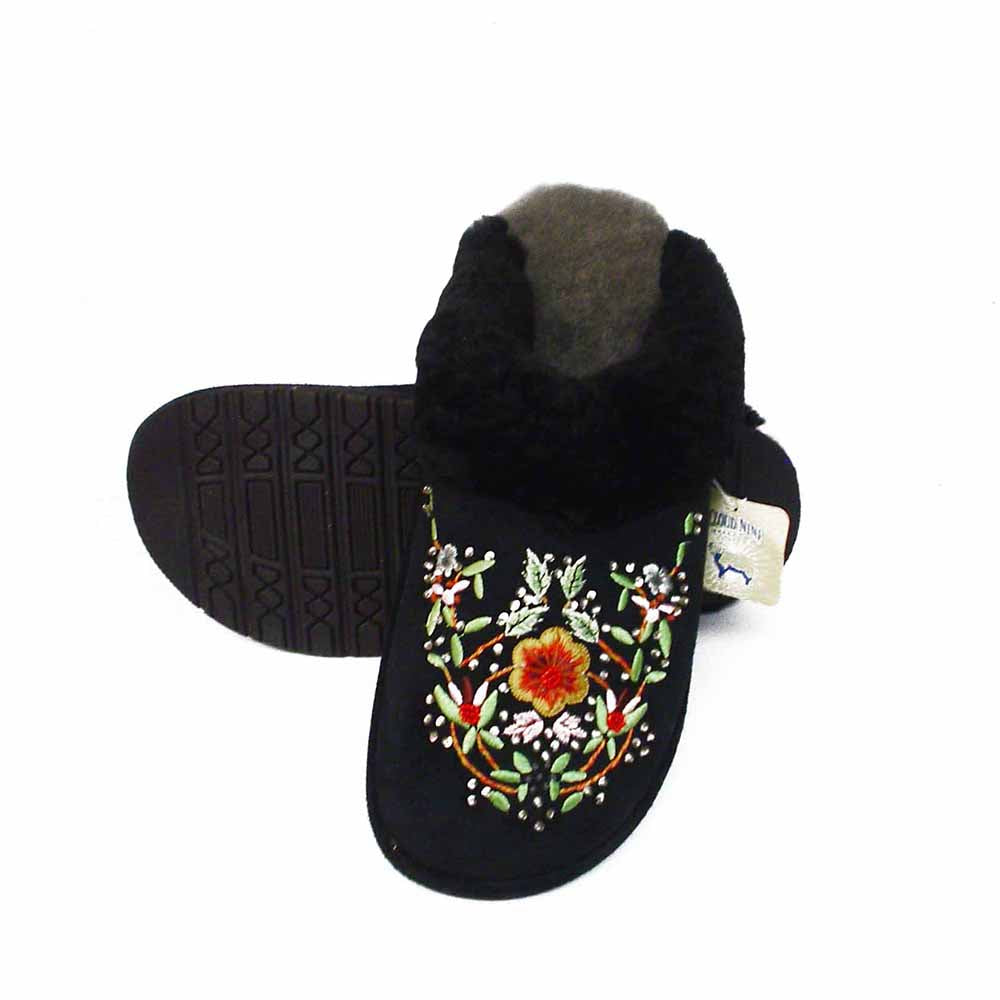 Cloud Nine Sheepskin Women Slippers Flowers Design Black Size Ladies XL image 0