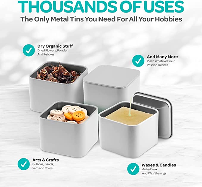 Hearts & Crafts Square Tin Candle Jars for Making Candles - 8oz Square Candle Tins with Seam - 24 Tin Candle Tins with Lids for Candle Making - White image 6