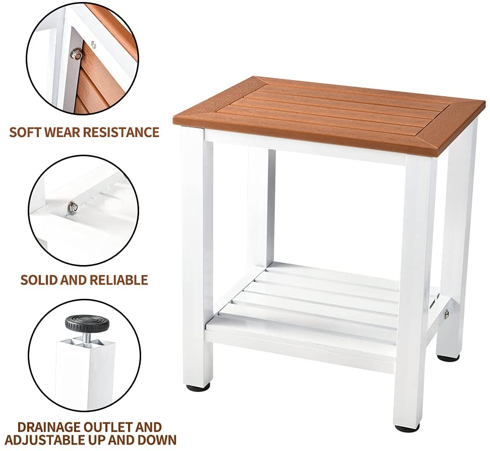 Shower Bench, Bath Stool with Adjustable Height Spa Sauna Seat with 2-Tier Storage Shelf, Maintenance-Free, Rubber Feet for 300 lbs Weight Capacity image 3