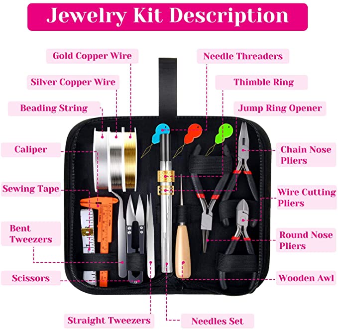 Jewelry Making Tools Set - High Quality Pliers, Nylon Jaw, Round Nose, Bent Nose, Diagonal Cut, Flat Nose, Wire Looping, Brass Ring, Ergonomic Handles, Zipped Carrying Pouch image 4