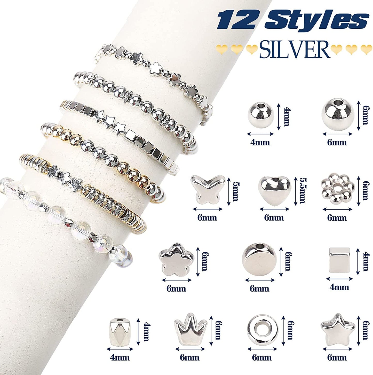 2700 Pieces 12 Styles Spacer Beads Set for Jewelry Making (Gold &amp; Silver), Assorted Loose Flower Start Heart Cube Crown Butterfly Round Ball Spacer Beads for DIY Bracelet Necklace Earring Crafts image 3
