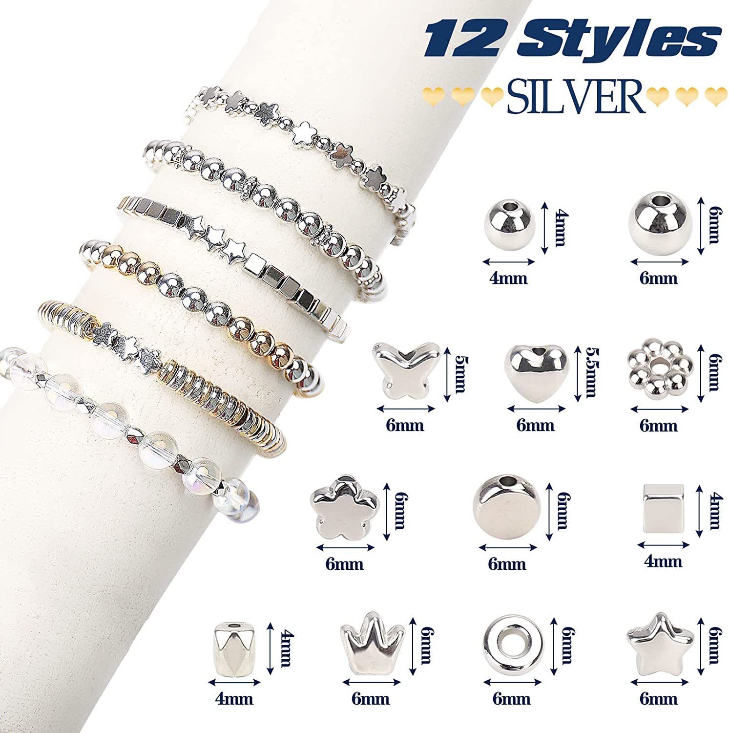 2700 Pieces 12 Styles Spacer Beads Set for Jewelry Making (Gold &amp; Silver), Assorted Loose Flower Start Heart Cube Crown Butterfly Round Ball Spacer Beads for DIY Bracelet Necklace Earring Crafts image 3