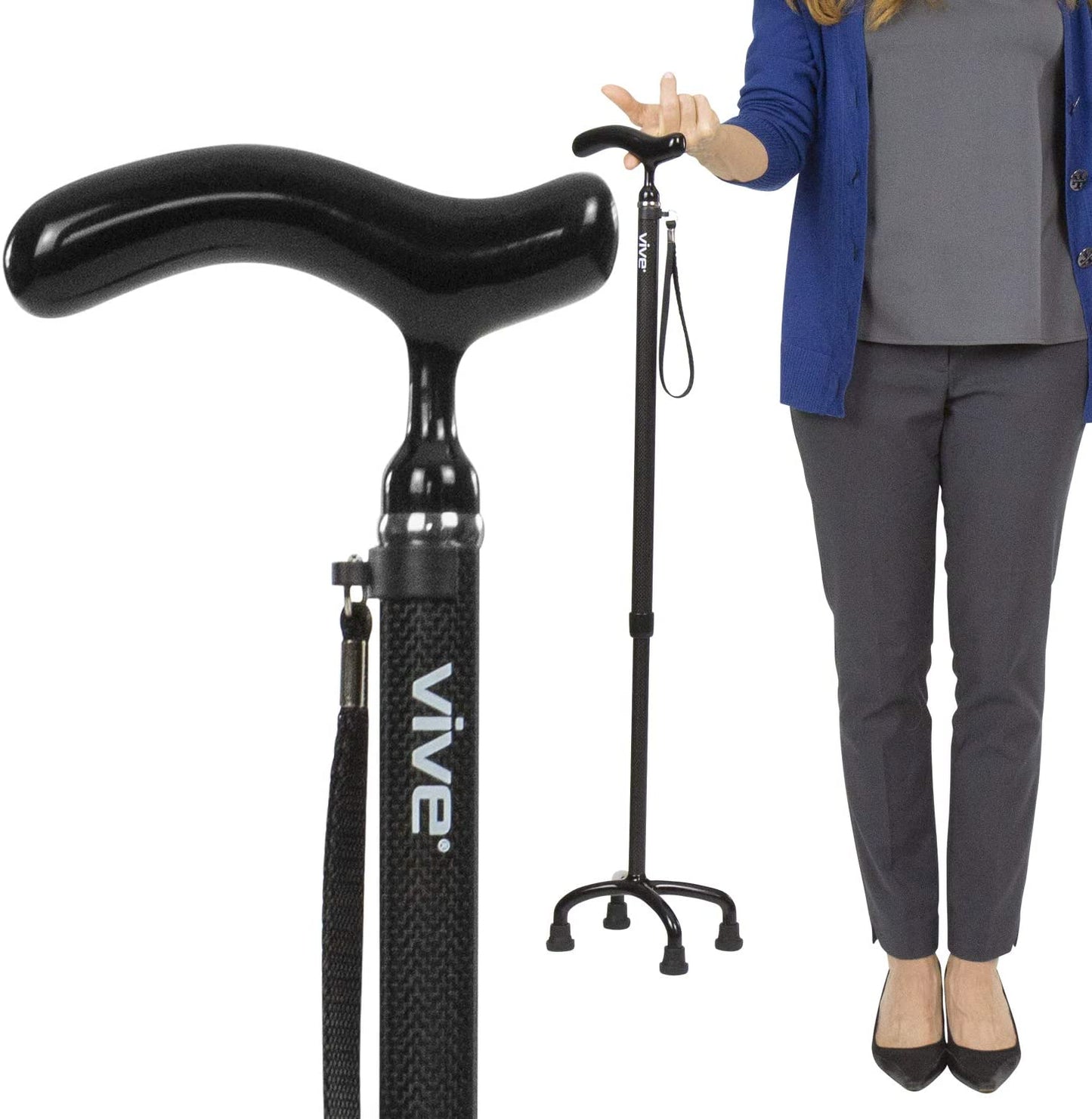 Vive Carbon Fiber Quad Cane - Ultra Lightweight Walking Stick For Men, Women - Adjustable Ergonomic Grip Handle - Nonslip Four Prong Rubber Tips For Right, Left Stability Support - Mobility Travel Aid image 0