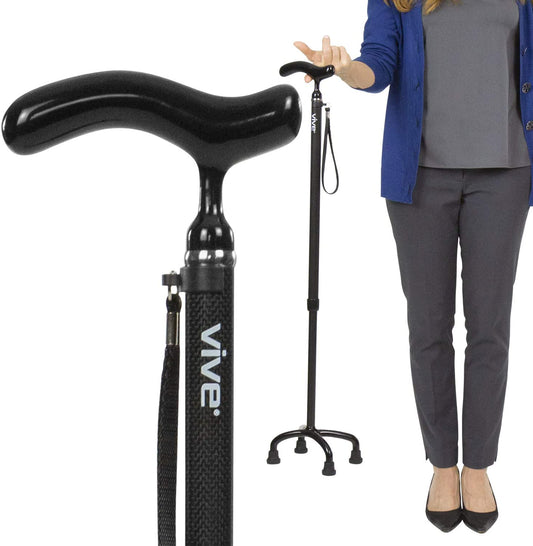 Vive Carbon Fiber Quad Cane - Ultra Lightweight Walking Stick For Men, Women - Adjustable Ergonomic Grip Handle - Nonslip Four Prong Rubber Tips For Right, Left Stability Support - Mobility Travel Aid image 0