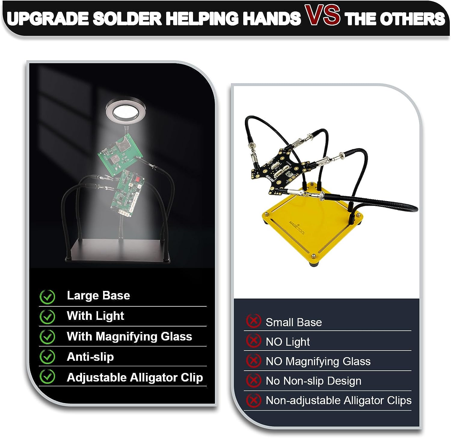 iklestar Helping Hands Soldering, Third Hand Soldering Tool with 3X LED Magnifying Lamp PCB Holder Flexible Metal Arms Adjustable Helping Hand for Electronic Soldering Repair Jewelry Crafts image 4