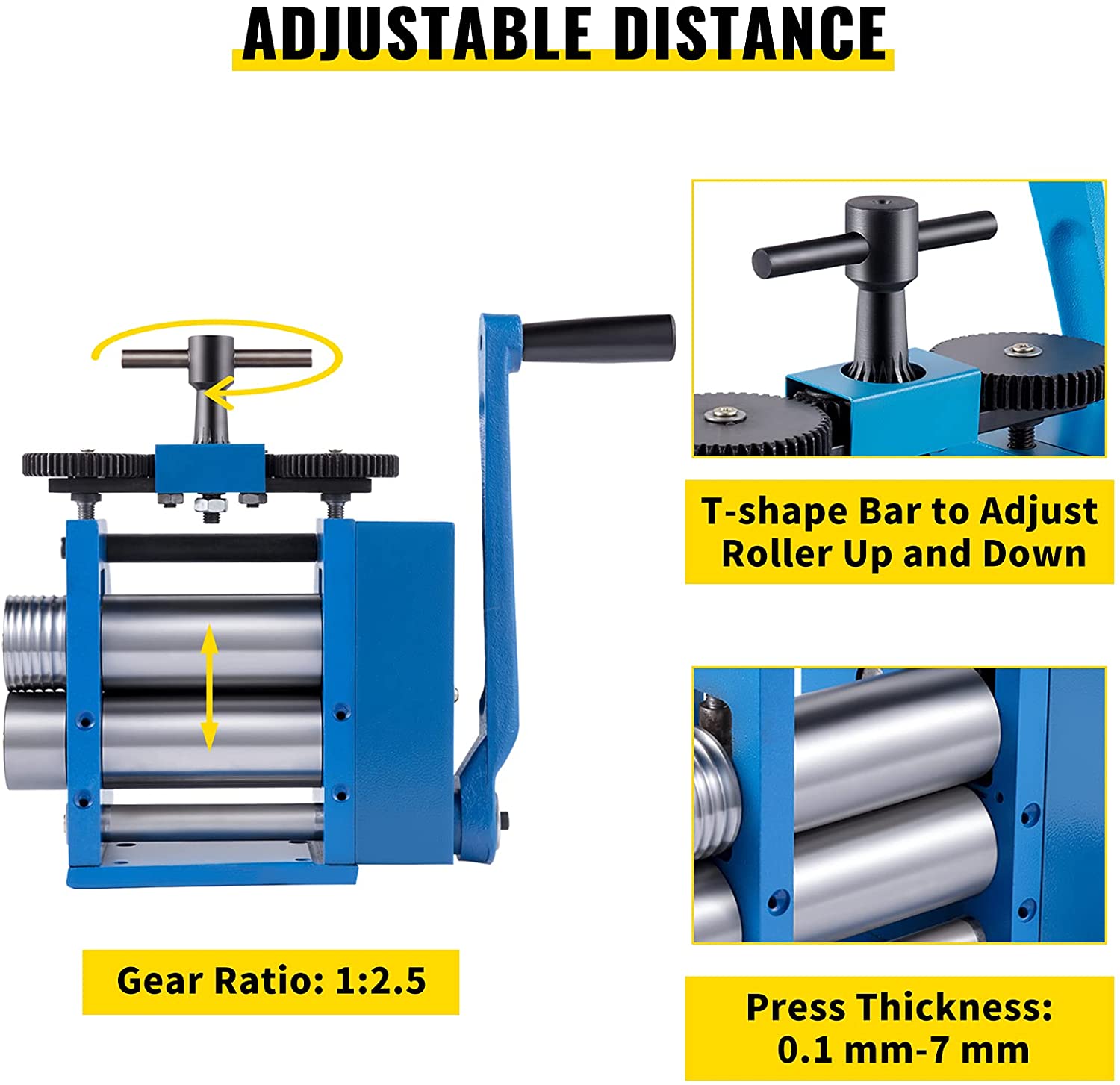 VEVOR Jewelry Rolling Mill 4.4"/112mm, Gear Ratio 1:2.5 Wire Roller Mill 0.1-7mm Press Thickness Manual Combination Rolling Mill w/Iron Roller for Jewelry Sheet Semicircle Pattern image 2