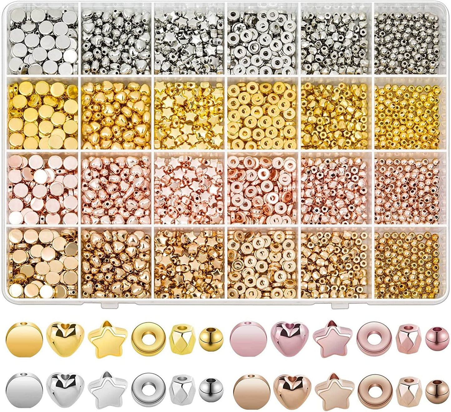 2160 Pieces Gold Spacer Beads Set, Assorted Bracelet Beads Round Beads Star Beads Gold Beads for Bracelet Jewelry Making(Gold, Sliver, Rose Gold, KC Gold) image 0