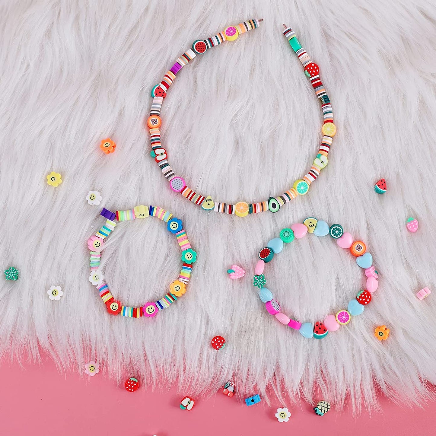 200pcs Mixed Fruit Spacer Beads Smiley Face Beads Color Polymer Clay Beads and 600Pcs Colorful Polymer Clay Beads. for DIY Jewelry Bracelet Earring Necklace Craft Making Supplies. image 4