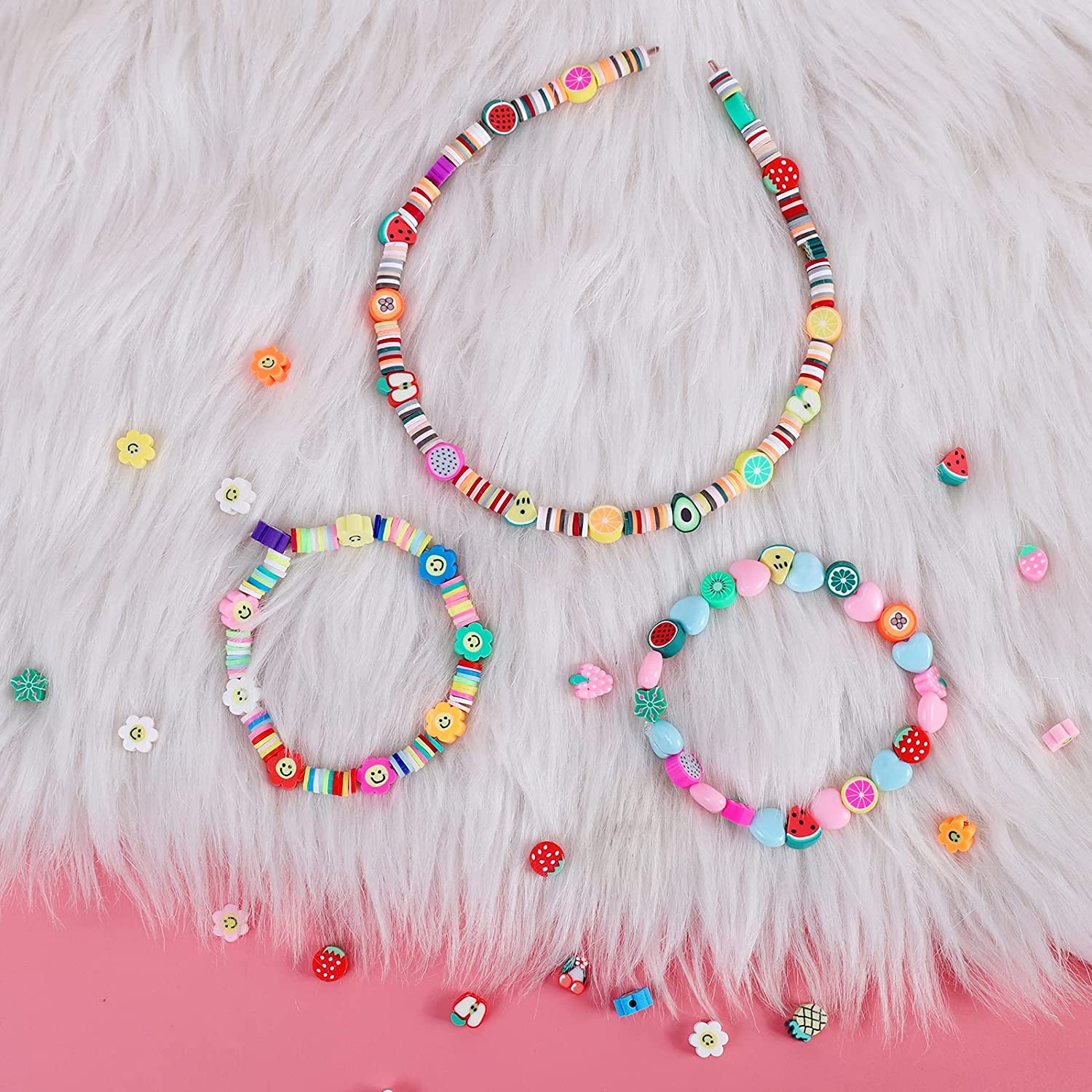 200pcs Mixed Fruit Spacer Beads Smiley Face Beads Color Polymer Clay Beads and 600Pcs Colorful Polymer Clay Beads. for DIY Jewelry Bracelet Earring Necklace Craft Making Supplies. image 4