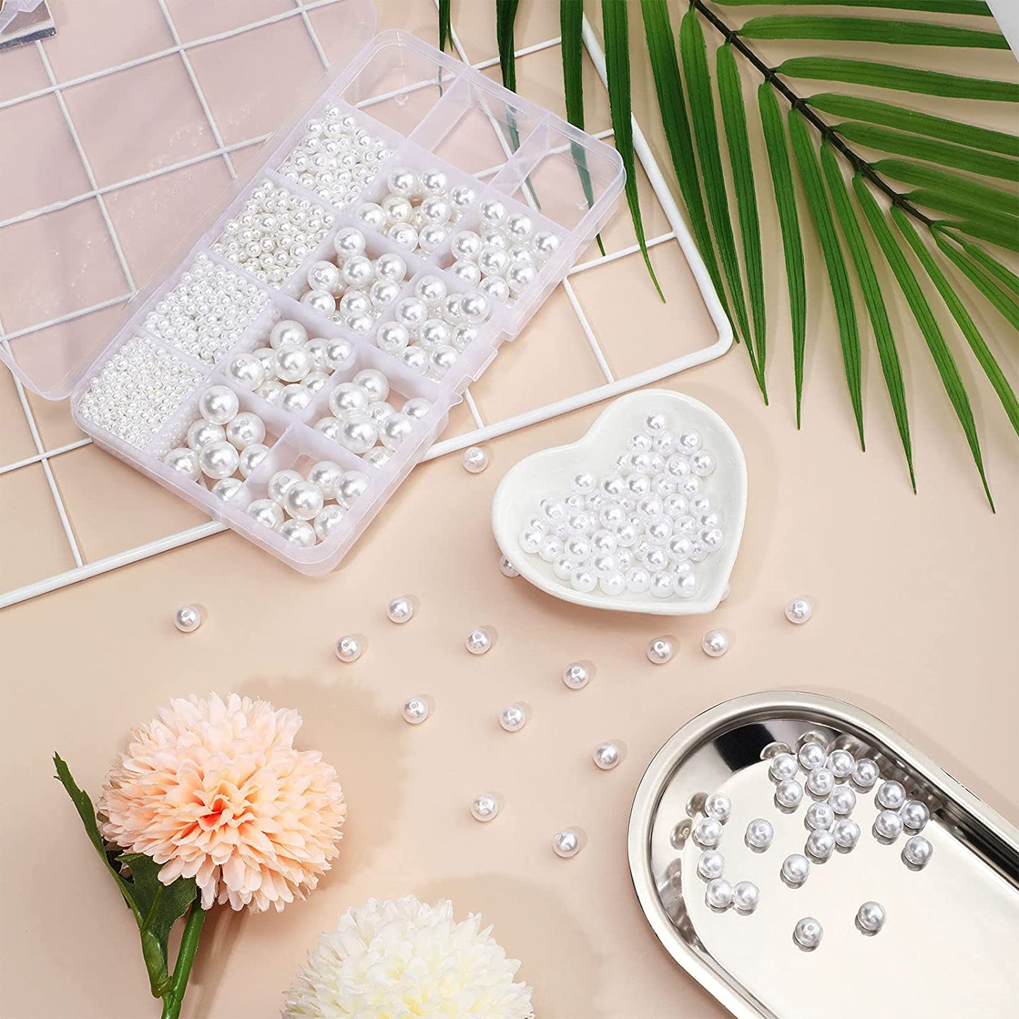 1400 Pieces Craft Pearl Beads with Holes Assorted Size Loose Faux Plastic Pearls 3 mm 4 mm 5 mm 6 mm 8 mm 10 mm 12 mm Full Round Spacers for Jewelry Making Sewing Crafting (White) image 2