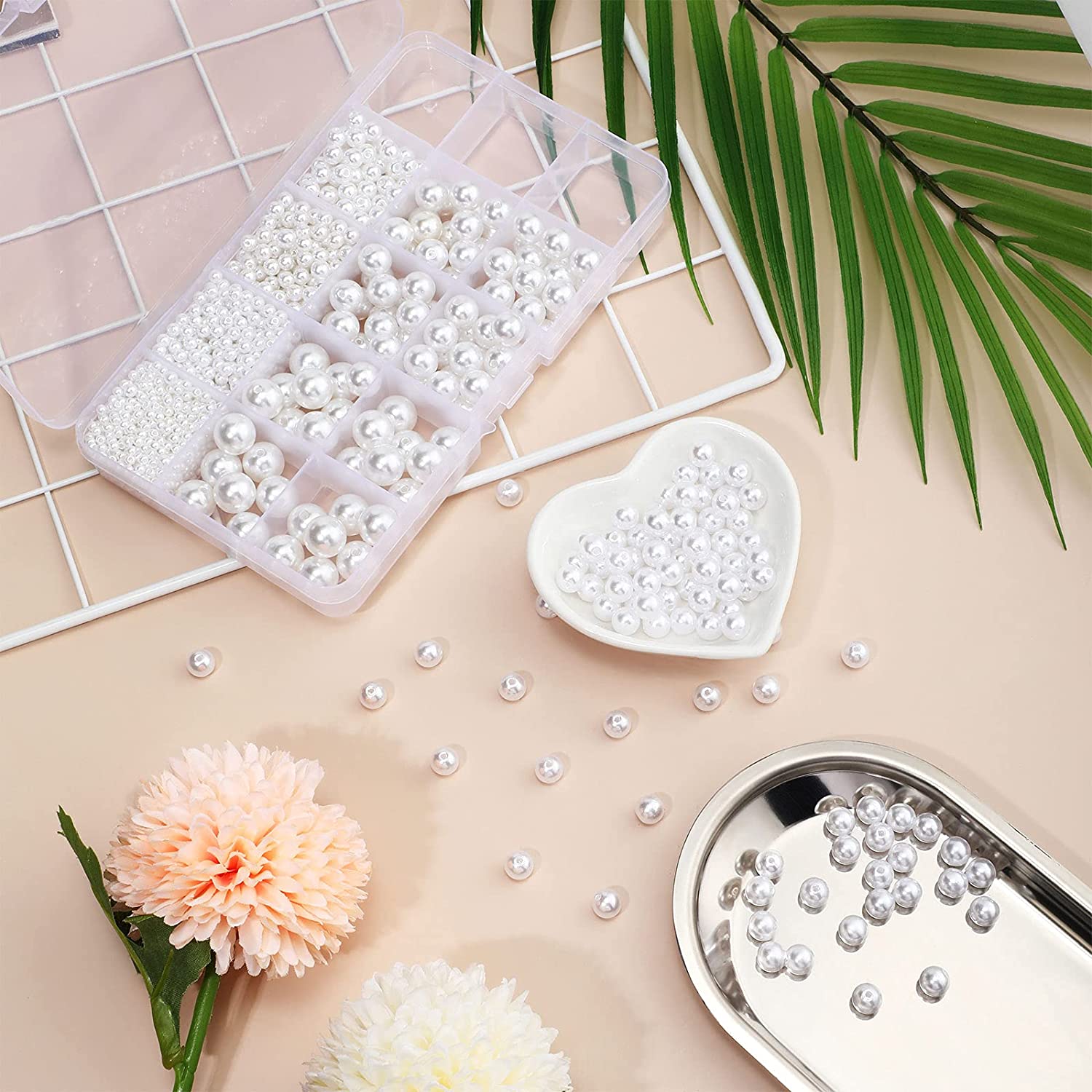 1400 Pieces Craft Pearl Beads with Holes Assorted Size Loose Faux Plastic Pearls 3 mm 4 mm 5 mm 6 mm 8 mm 10 mm 12 mm Full Round Spacers for Jewelry Making Sewing Crafting (White) image 2