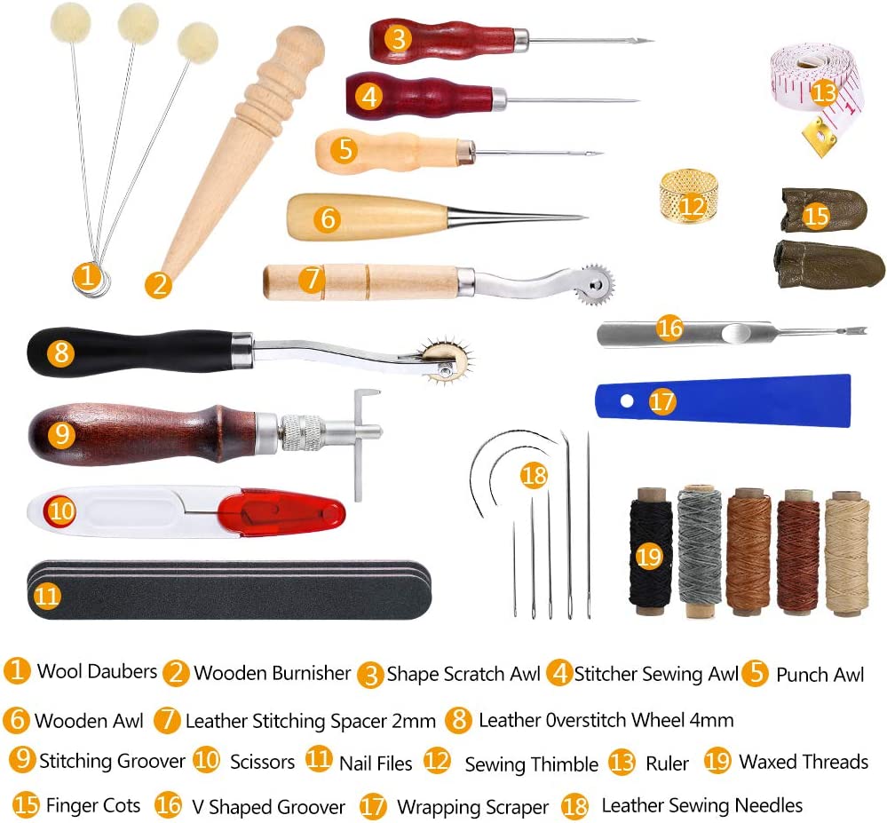 34 Pcs Leather Tool Kit, Leather Working Tools, and Supplies, Leather Sewing Kit with Leather Thread, Leather Sewing Needles, Groover, Thimble, Awl, Instructions and Leather Accessories image 1