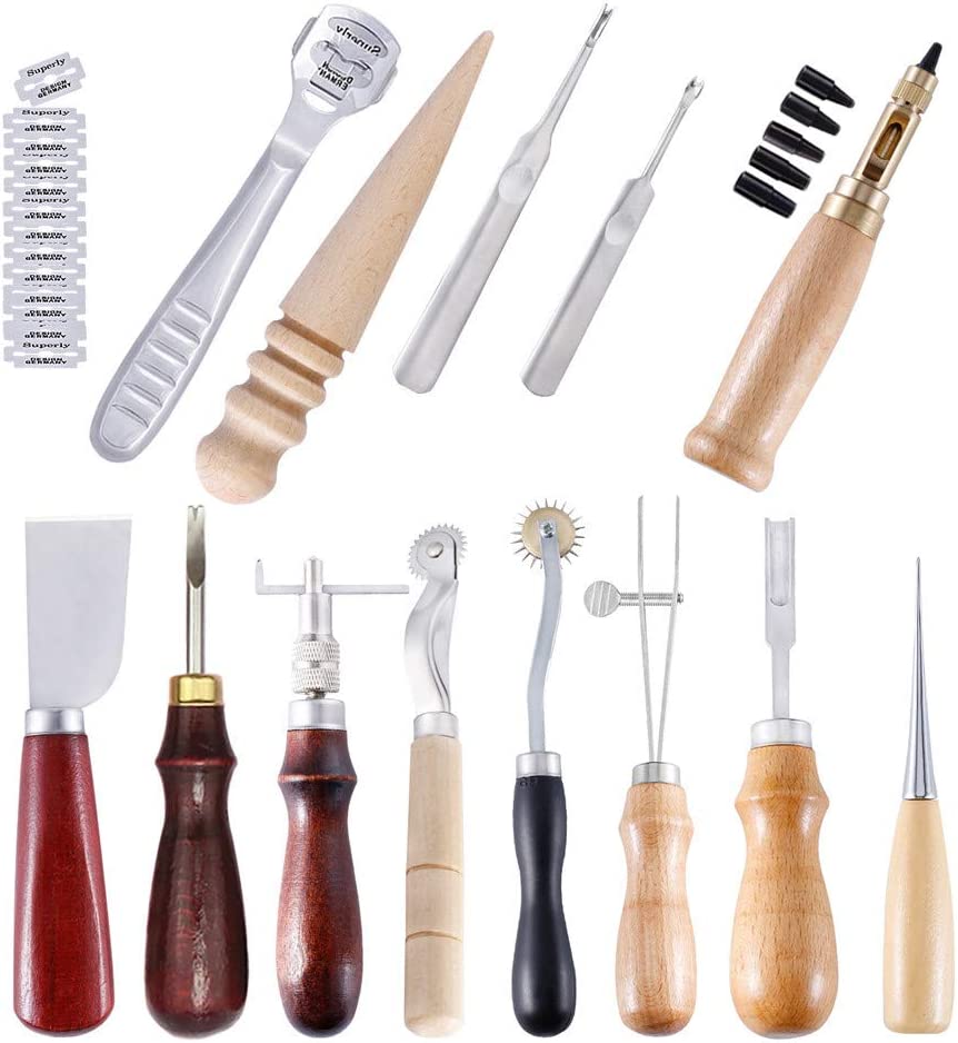 Yaobuyao Leather Craft Hand Tools Kit 14 Pieces for DIY Hand Sewing Leather Artwork Stitching Awl Waxed Thread Thimble Kit Stamping Set and Saddle Making image 0