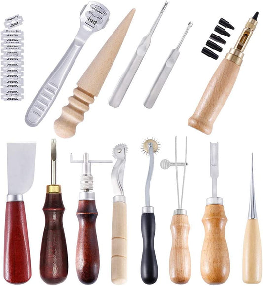 Yaobuyao Leather Craft Hand Tools Kit 14 Pieces for DIY Hand Sewing Leather Artwork Stitching Awl Waxed Thread Thimble Kit Stamping Set and Saddle Making image 0