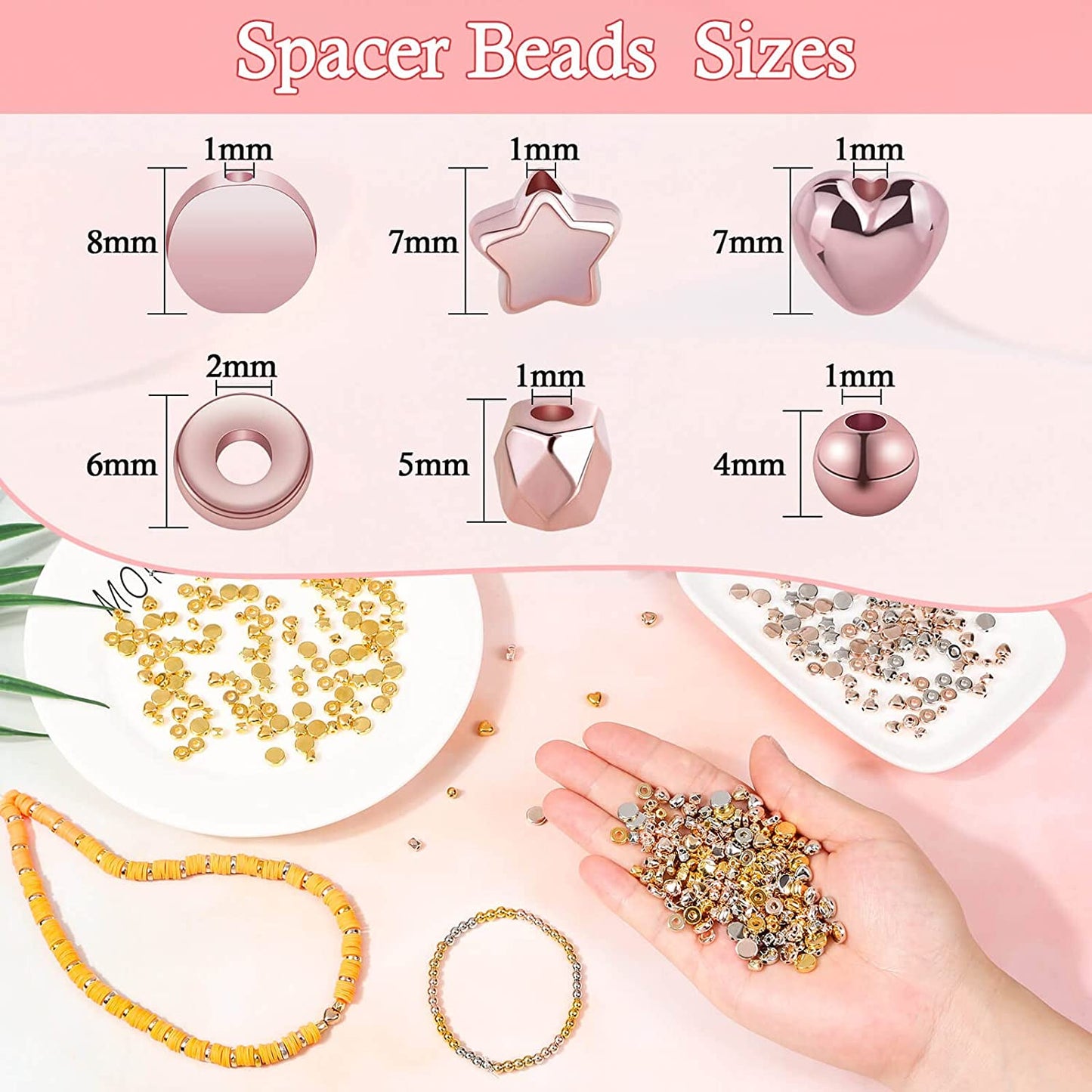2160 Pieces Gold Spacer Beads Set, Assorted Bracelet Beads Round Beads Star Beads Gold Beads for Bracelet Jewelry Making(Gold, Sliver, Rose Gold, KC Gold) image 3