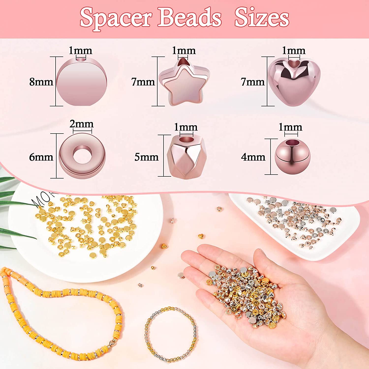 2160 Pieces Gold Spacer Beads Set, Assorted Bracelet Beads Round Beads Star Beads Gold Beads for Bracelet Jewelry Making(Gold, Sliver, Rose Gold, KC Gold) image 3