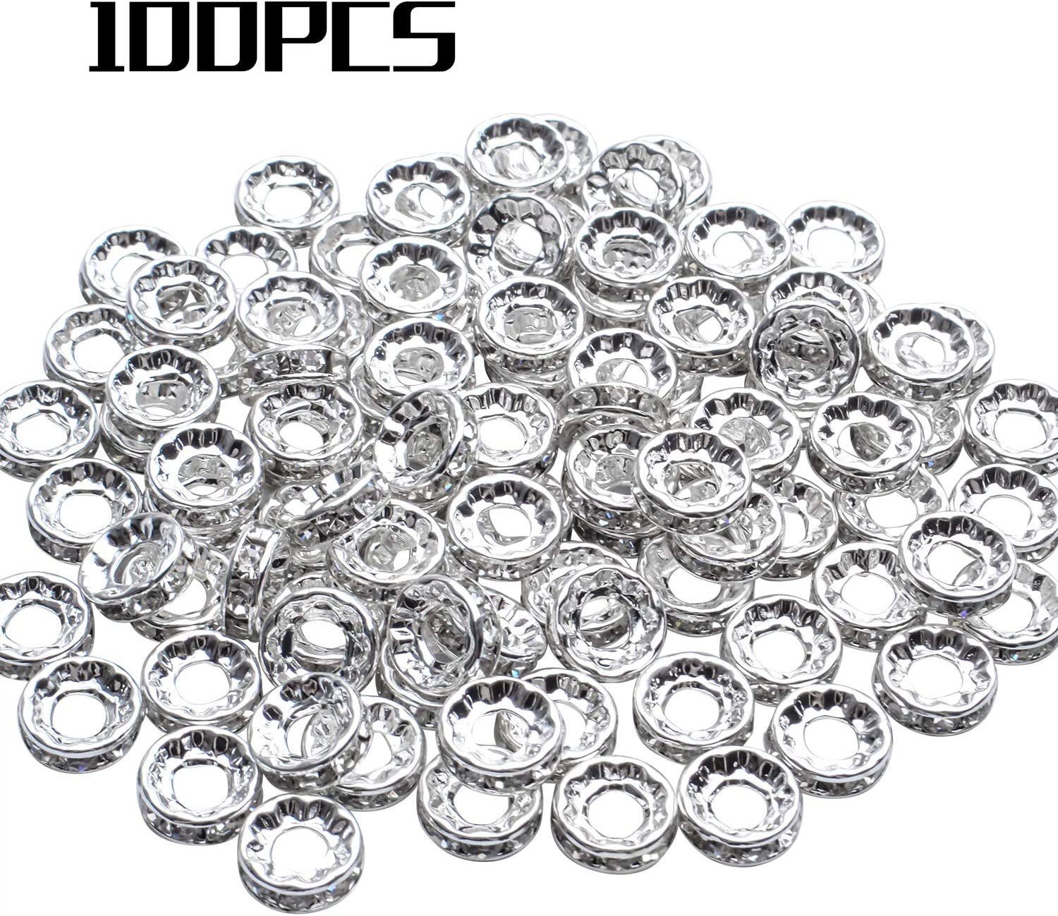 BronaGrand Rhinestone Spacer Beads,100Pcs Crystal Rhinestone Spacer Beads Large Hole European Beads Metal Beads Supplies for DIY Bracelet Necklace Jewelry Making image 1