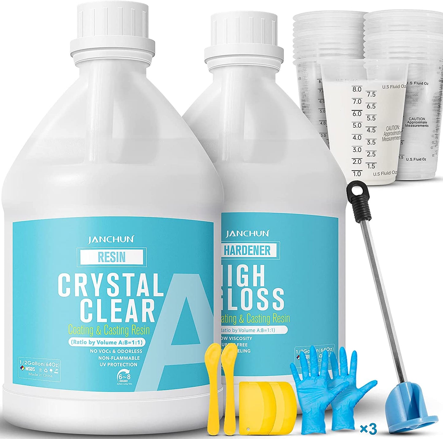 Gallon Crystal Clear Epoxy Resin,High Gloss Casting and Coating Kit for River Table Tops, Art Resin,Jewelry Making, DIY,Tumblers, Molds, Art Painting with Epoxy Mixer, 20×8oz Measuring Cup and More image 0