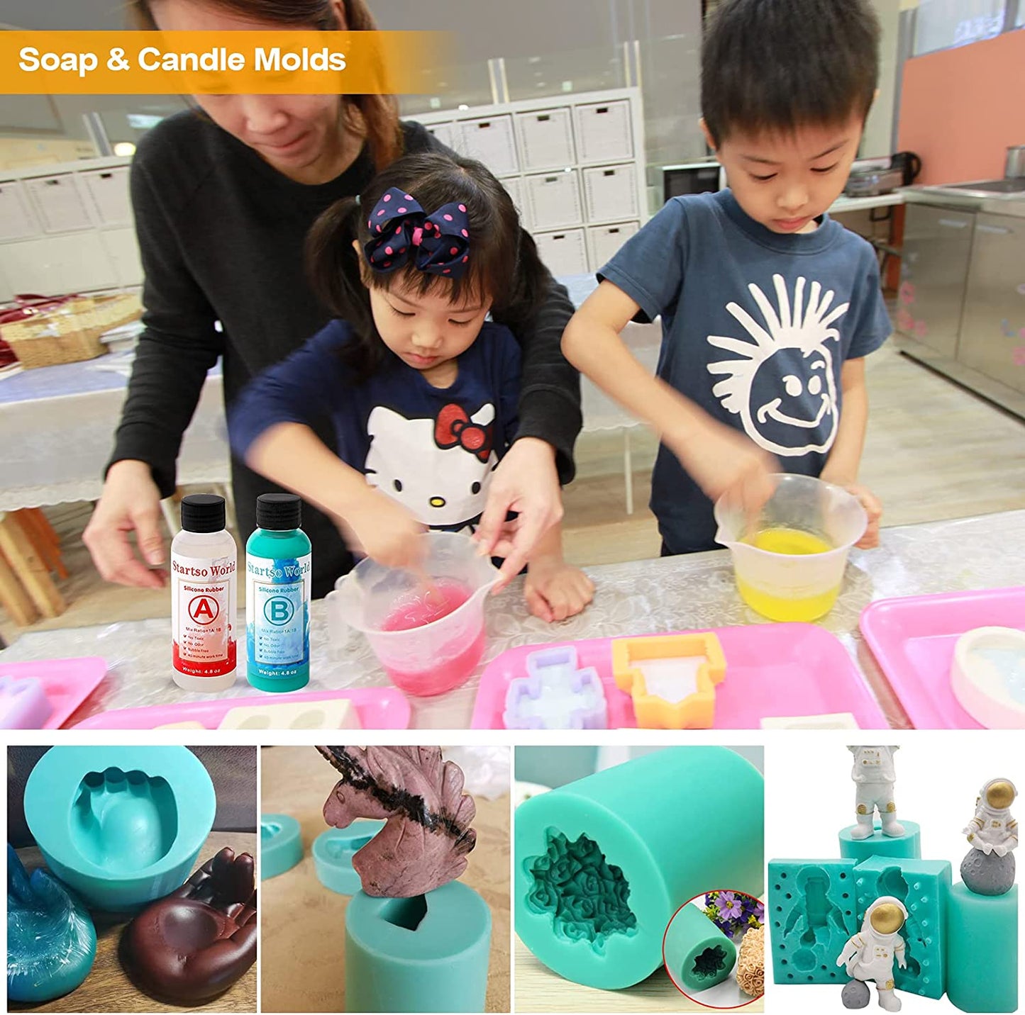 Startso World Mold Making Kit, 20A Turquoise Platinum RTV-2 Liquid Silicone Rubber 9.6OZ for Casting Resin, Soap, Candle, Clay, DIY Molds-1:1 by Volume with Tool 4Cups,4Sticks,2Droppers,1 Pair Gloves image 4