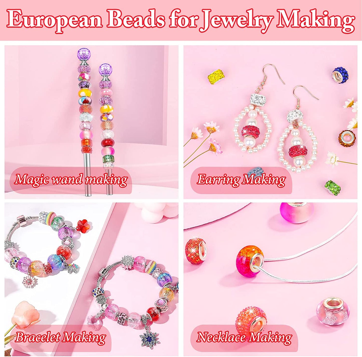 223 PCS Large Hole Glass Beads for Jewelry Making, Cludoo European Beads Bulk Mixed Color Spacer Beads with Rhinestones Lampwork Beads for DIY Craft Charms Bracelet Necklace Earring Making image 5
