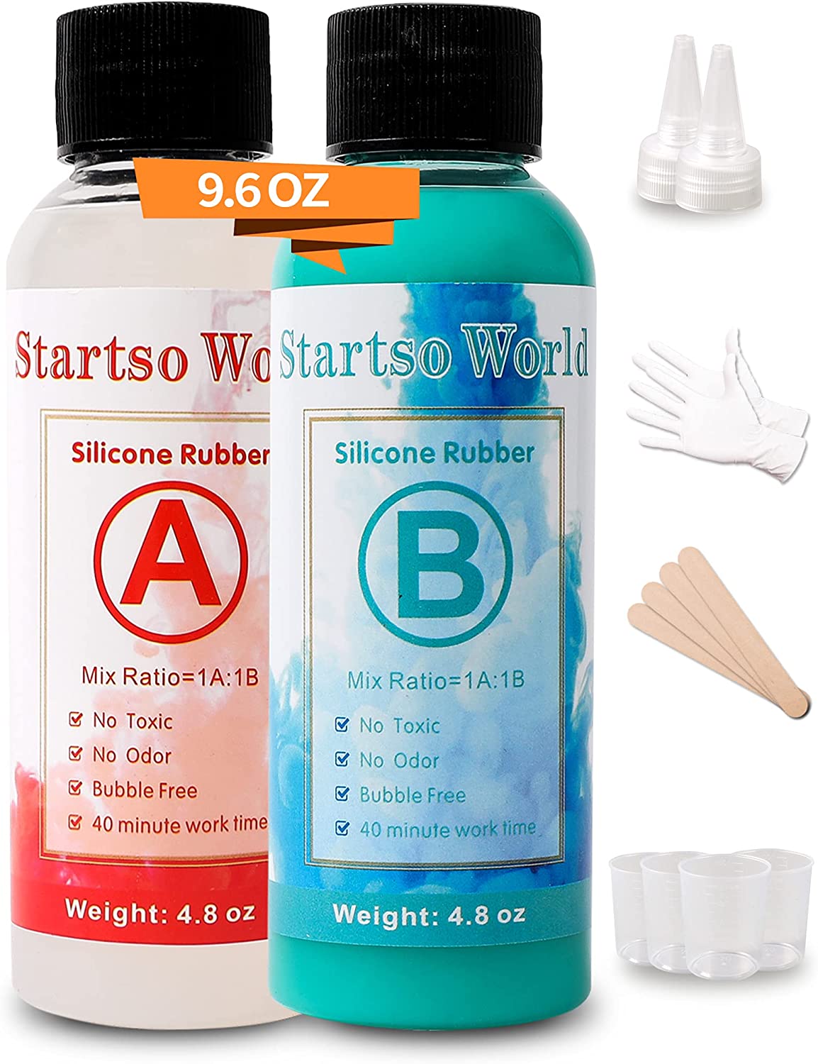 Startso World Mold Making Kit, 20A Turquoise Platinum RTV-2 Liquid Silicone Rubber 9.6OZ for Casting Resin, Soap, Candle, Clay, DIY Molds-1:1 by Volume with Tool 4Cups,4Sticks,2Droppers,1 Pair Gloves image 0