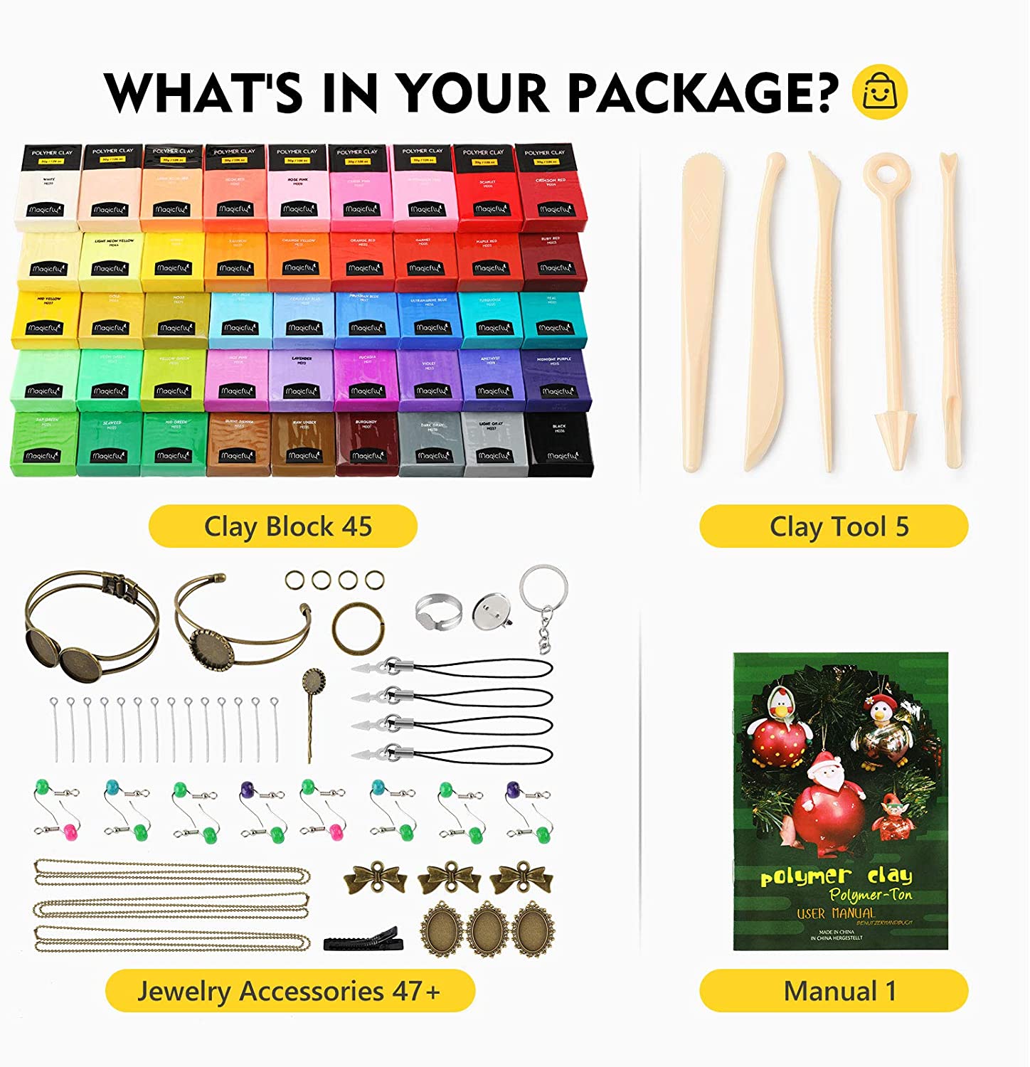 Magicfly Polymer Clay Starter Kit, 45 Colors Oven Bake Clay with 5 Modeling Tools and 40 Jewelry Accessories, Safe and Nontoxic DIY Baking Clay Blocks image 2