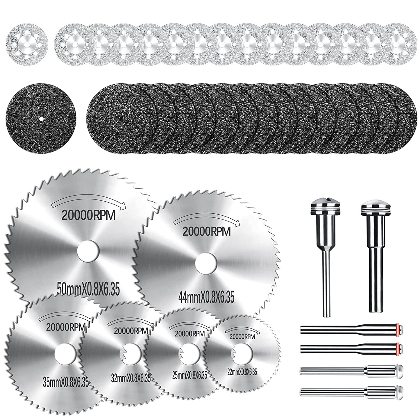Rotary Tool Accessories Cutting Wheels Set 42 Pcs Diamond Cutting Wheels 15pcs and Resin Cutting Off Wheels 15pcs with Mandrels, Hss Circular Saw Blades 6pcs with 1/8" Shank for Wood Metal DIY Craft image 0