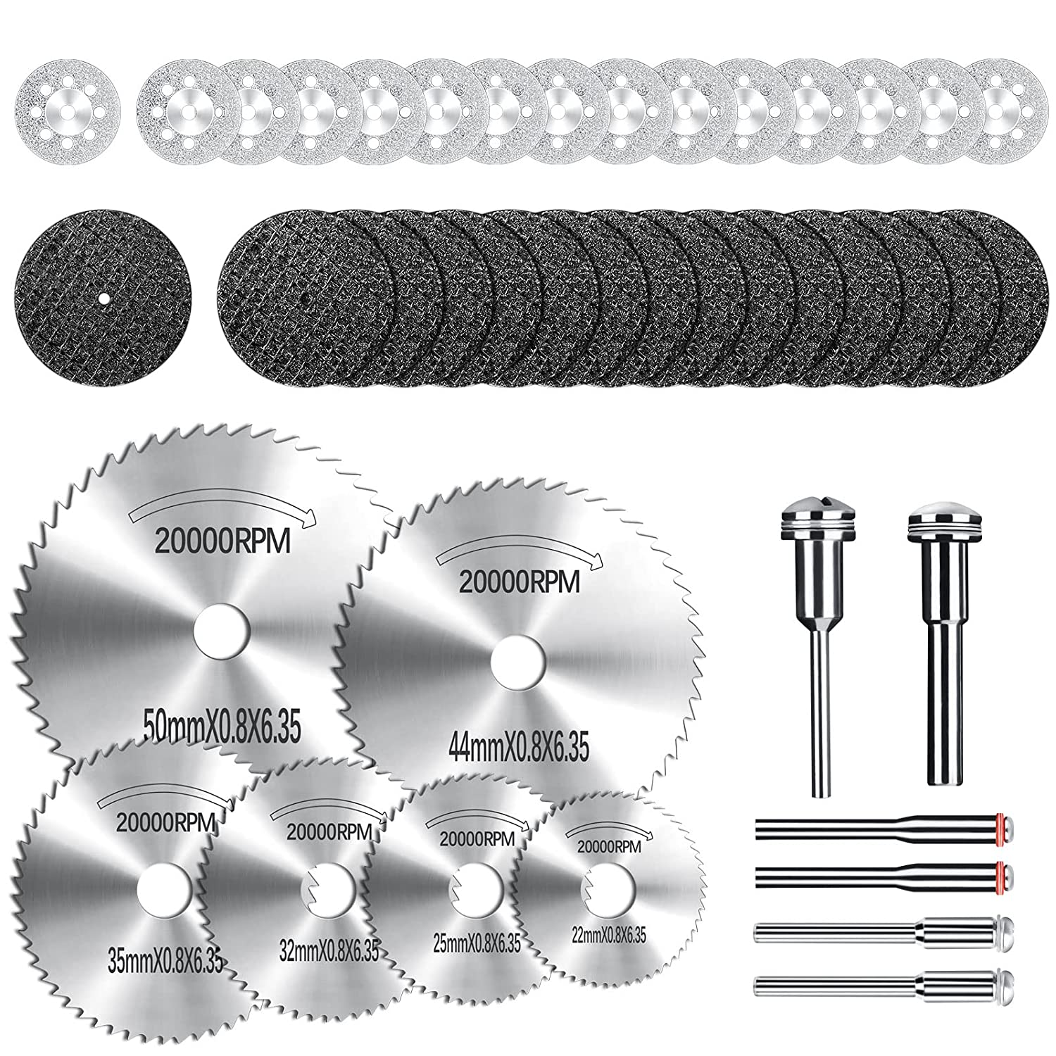 Rotary Tool Accessories Cutting Wheels Set 42 Pcs Diamond Cutting Wheels 15pcs and Resin Cutting Off Wheels 15pcs with Mandrels, Hss Circular Saw Blades 6pcs with 1/8" Shank for Wood Metal DIY Craft image 0