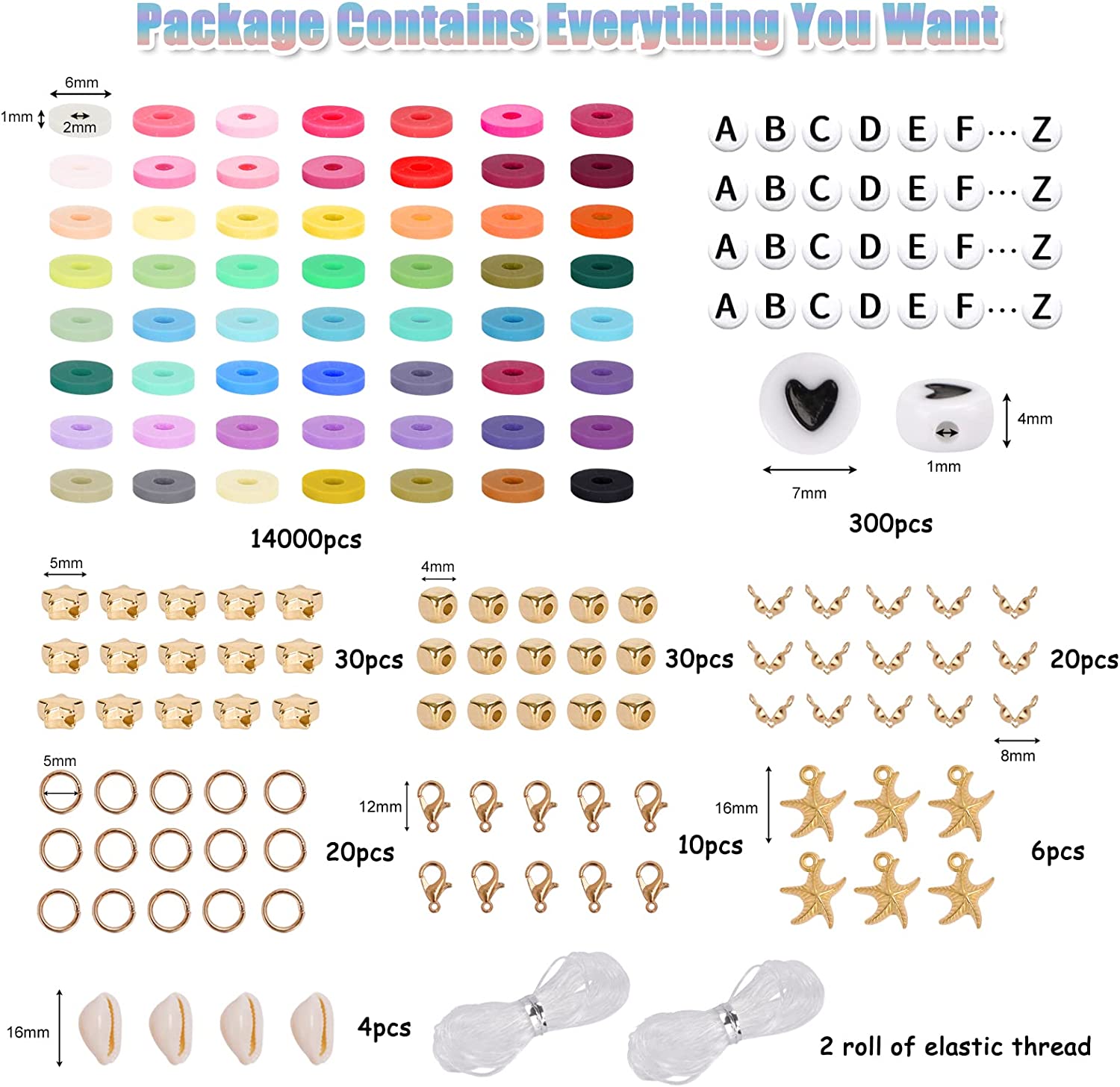 QUEFE 14420pcs Clay Beads for Bracelet Making Kit, 56 Colors Spacer Heishi Beads Flat Round Polymer Clay Beads with Pendant Charms Kits and Elastic Strings image 1