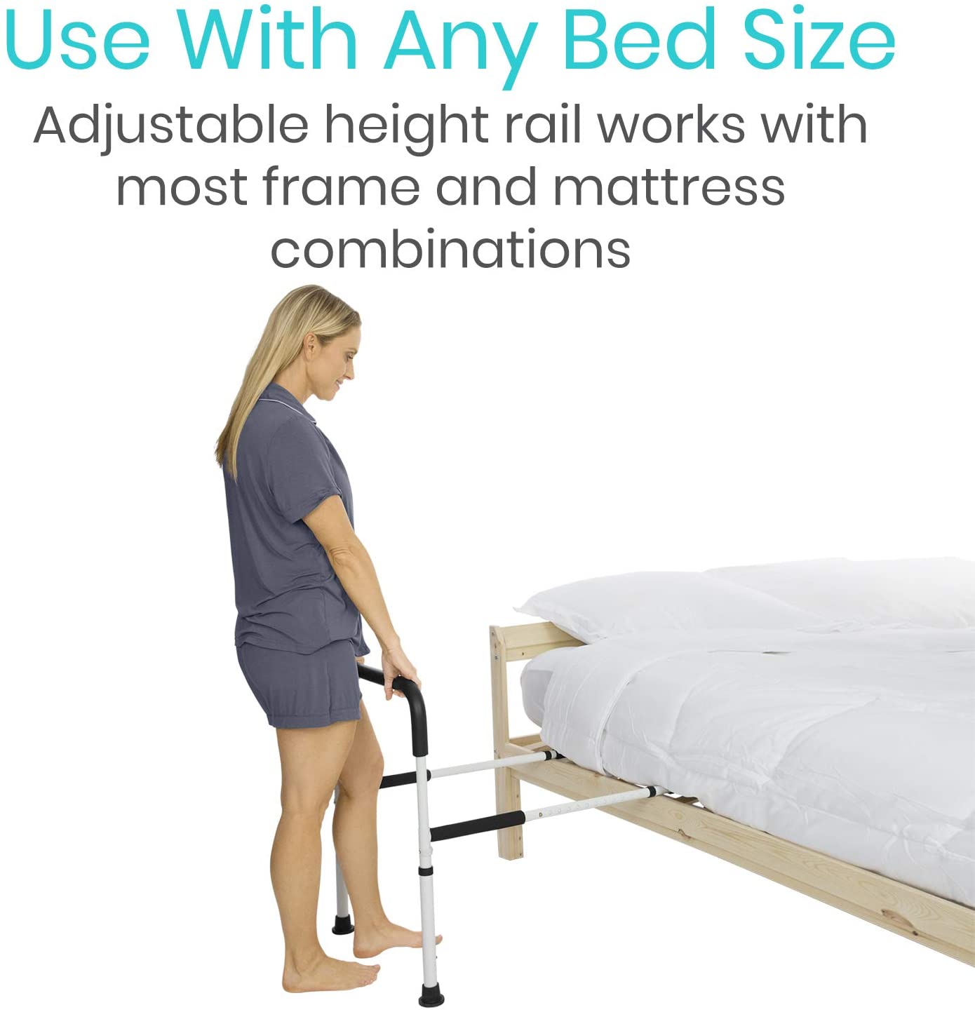 Vive Bed Assist Rail - Adult Bedside Standing Bar for Seniors, Elderly, Handicap, Kid - Fit King, Queen, Full, Twin - Adjustable Fall Prevention Safety Handle Guard - Long Hand Bedrail Grab Bar Cane image 2