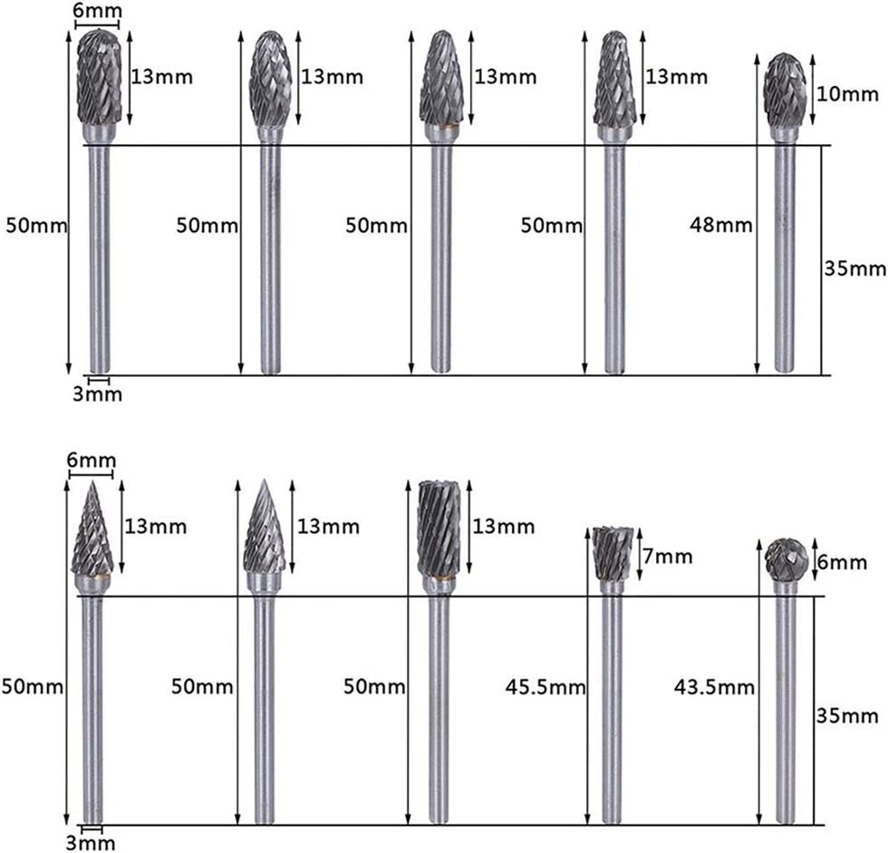 Double Cut Carbide Rotary Burr Set - 10 Pcs 1/8" Shank, 1/4" Head Length Tungsten Steel for Woodworking,Drilling, Metal Carving, Engraving, Polishing image 4