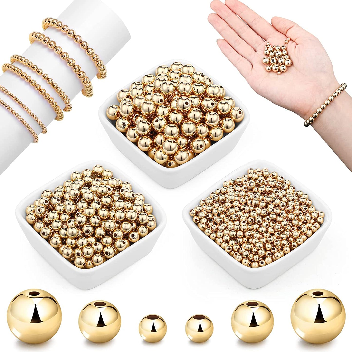 1200 Pieces Beads Ball Round Beads Beaded Spacer Beads Seamless Smooth Loose Ball Beads for Stackable Bracelet Jewelry Craft Making, 8 mm, 6 mm, 4 mm (Gold) image 0