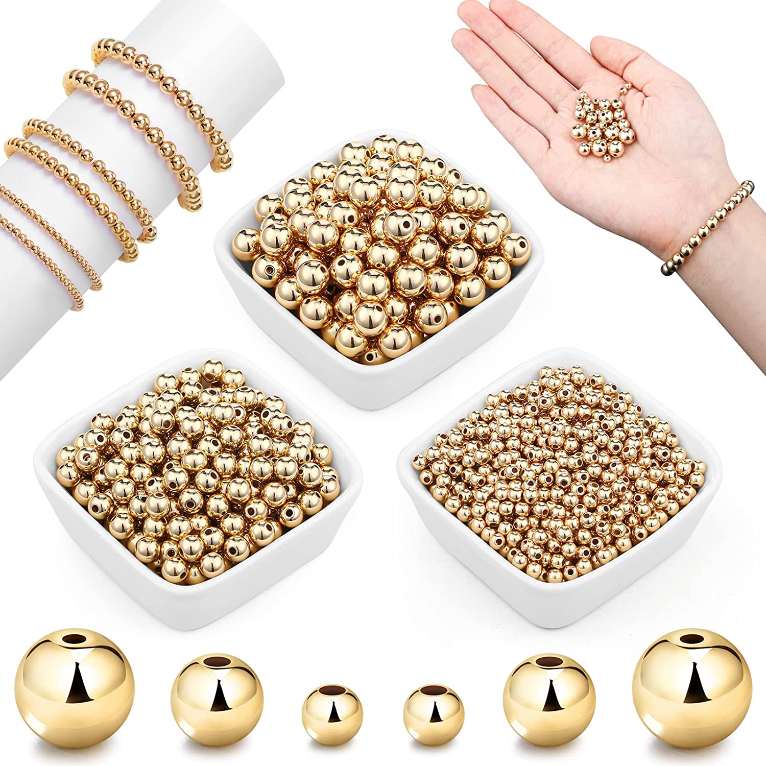 1200 Pieces Beads Ball Round Beads Beaded Spacer Beads Seamless Smooth Loose Ball Beads for Stackable Bracelet Jewelry Craft Making, 8 mm, 6 mm, 4 mm (Gold) image 0