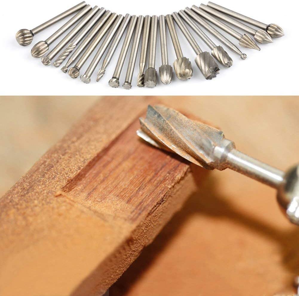 Tungsten Carbide HSS Rotary Burr Set - APlus 20pcs Wood Carving Drill Bits Set with 3mm 1/8 inch Shank for DIY Woodworking, Carving, Engraving, Drilling image 5