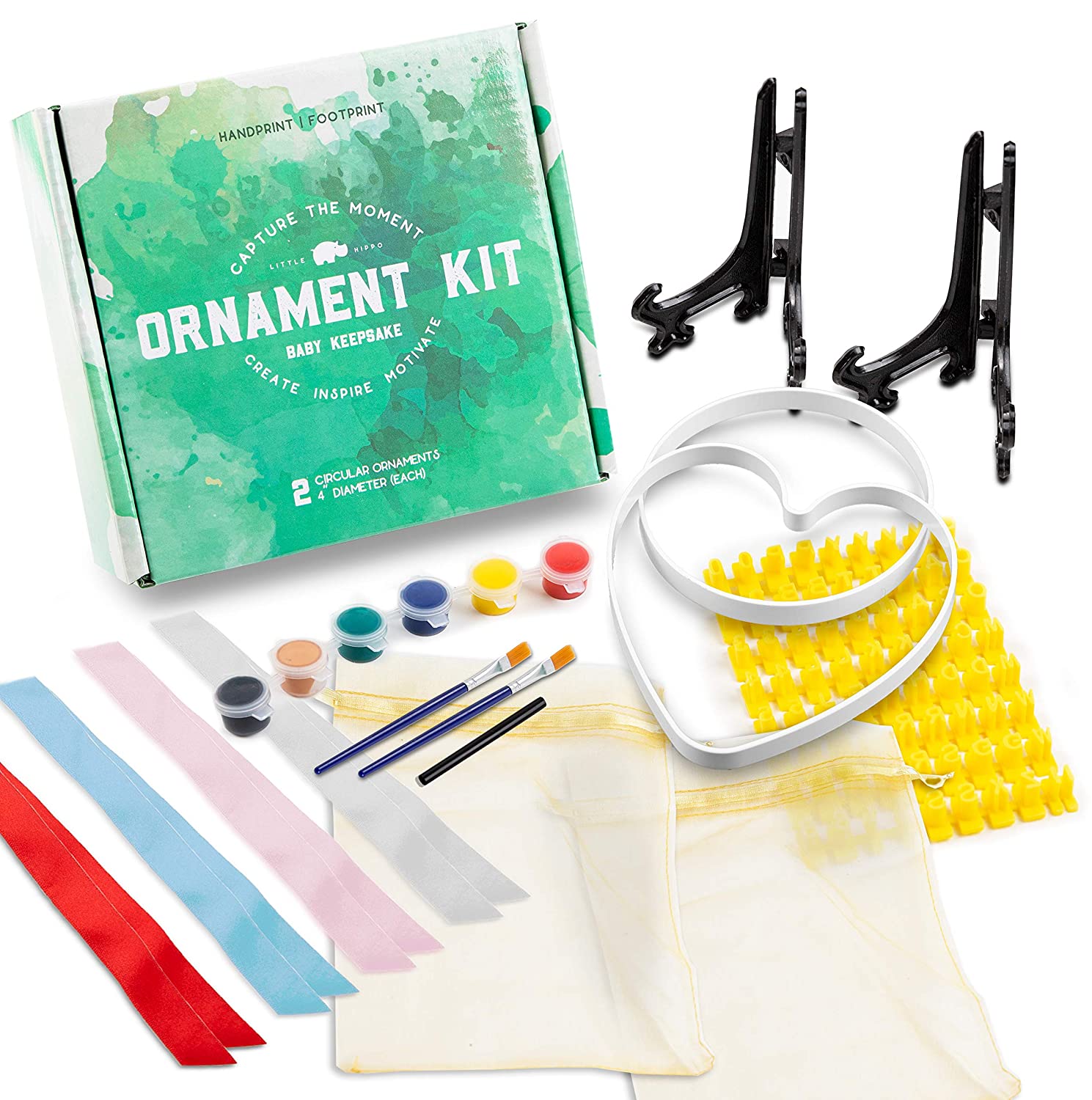 Baby Ornament Keepsake Kit (Newborn Bundle) 2 EASELS, 4 Ribbons &amp; Letters! Baby Handprint Kit and Footprint Kit, Clay Casting Kit for Baby Shower Gifts, Boys &amp; Girls image 1