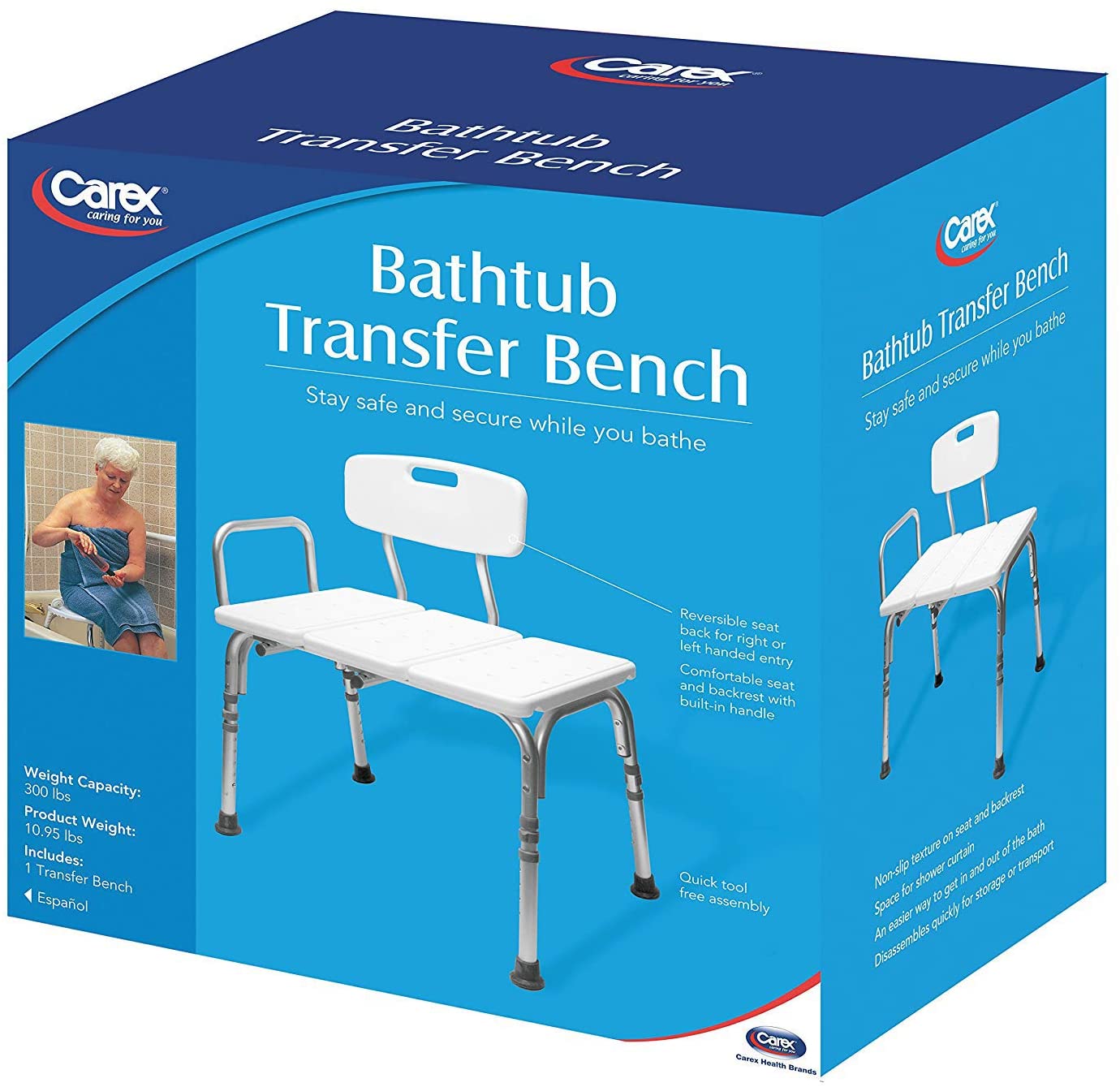 Carex Tub Transfer Bench - Shower Chair Transfer Bench with Height Adjustable Legs - Convertible to Right or Left Hand Entry image 4